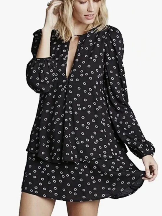 Free People Dresses & Skirts - Free People NY Beck Black Floral Tiered Mini Dress Boho Small